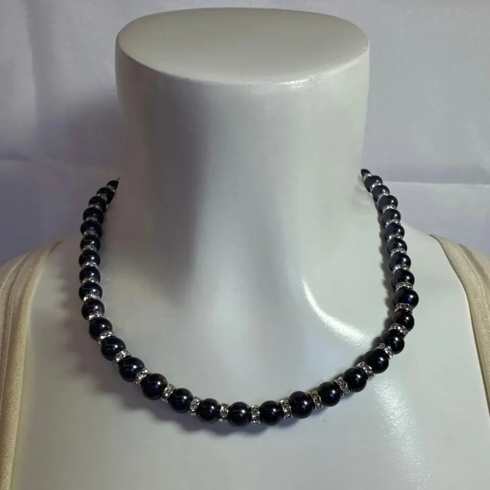 Danbury Mint Moonlight Kiss Black Pearl and Rhinestones Beaded Collar Necklace